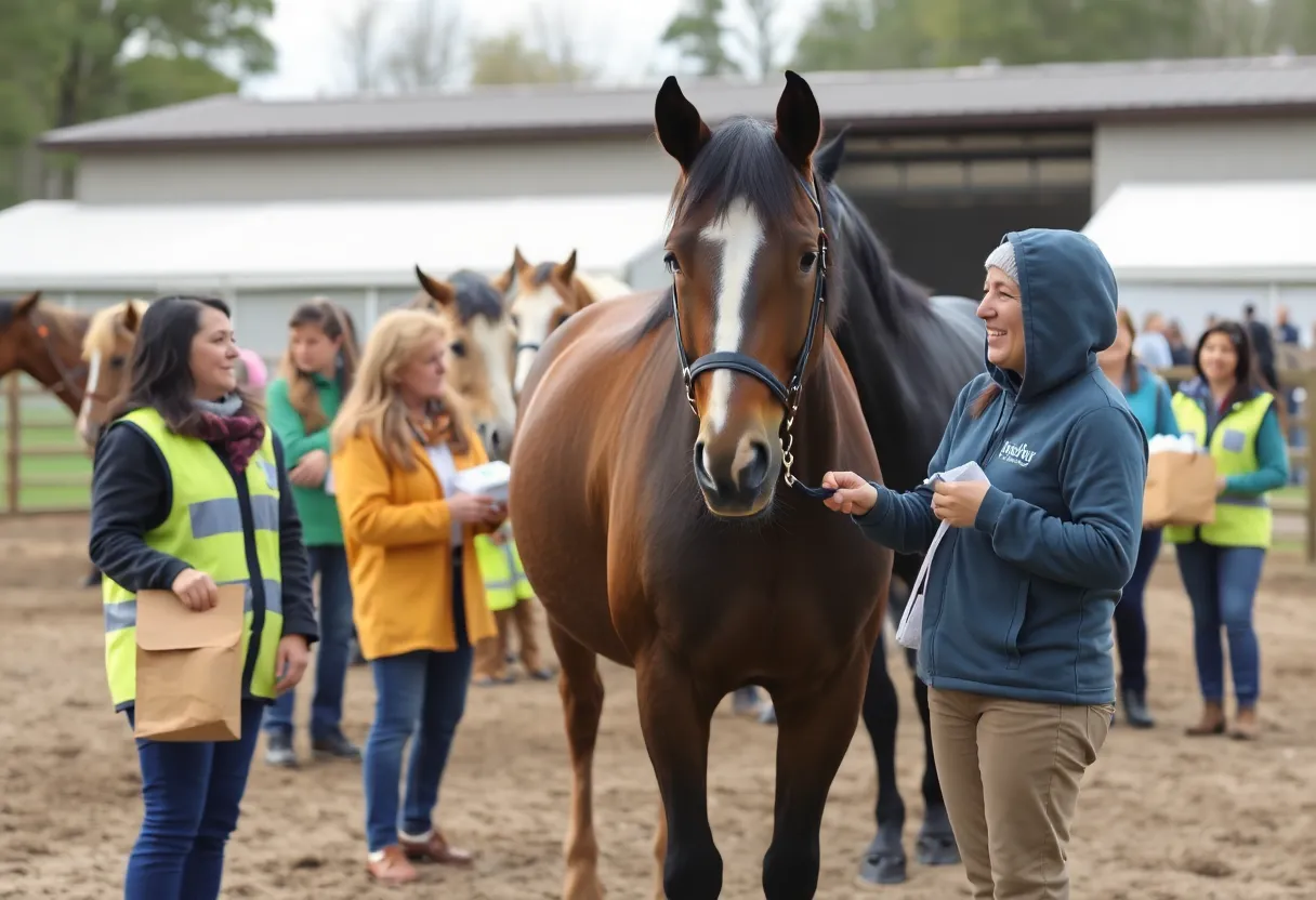 Volunteers collecting donations for therapeutic riding program.