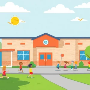 Illustration of a modern elementary school in Bowling Green