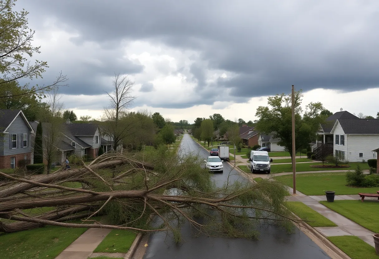 Cleanup crews working in a flooded neighborhood in Bowling Green, Kentucky after severe storms.