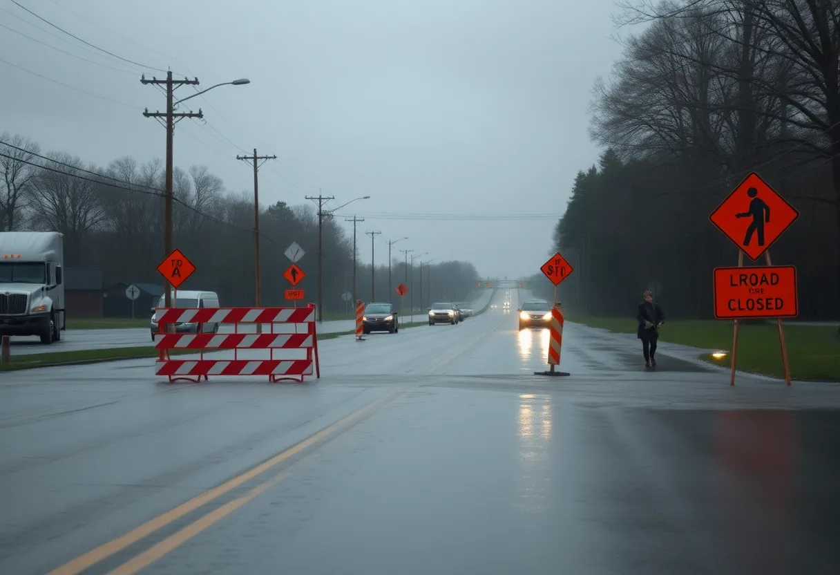 Severe flooding on Kentucky roads with warning signs