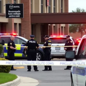 Law enforcement officers at the scene of an investigation outside a hotel.