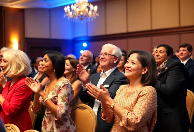 A group of diverse attendees celebrating at the Bowling Green Excellence Awards Luncheon