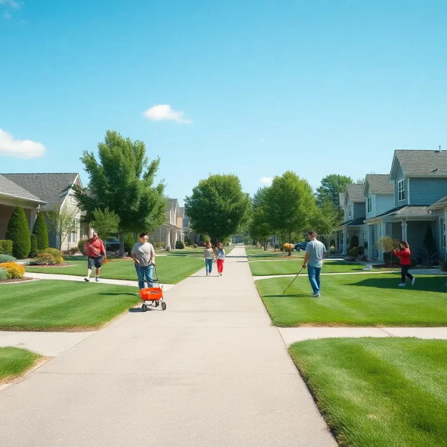 Families mowing their lawns in a peaceful Bowling Green neighborhood
