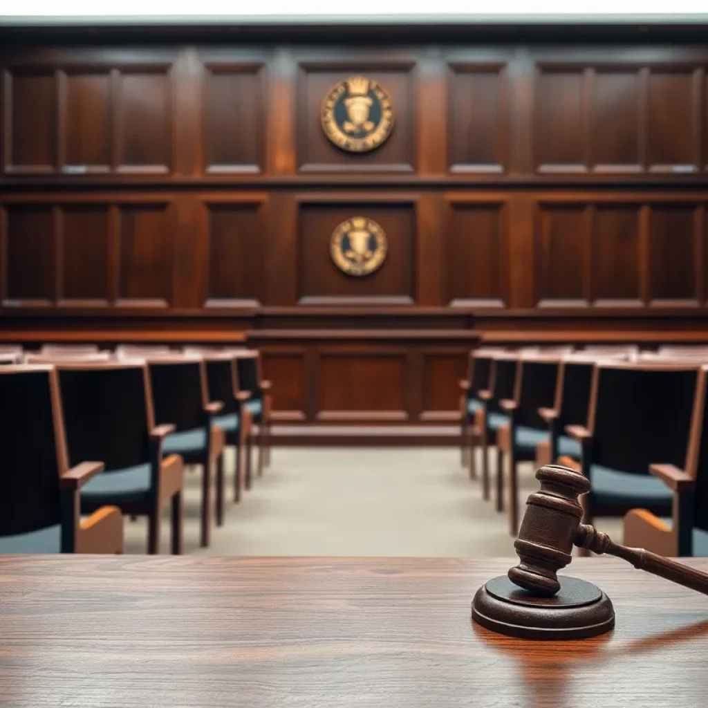 Empty courtroom with judge's gavel and chairs, representing the upcoming trial.