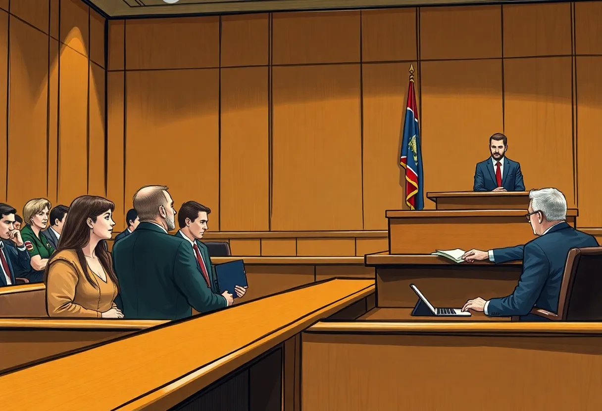 Courtroom scene with jury and attorneys in a missing person trial