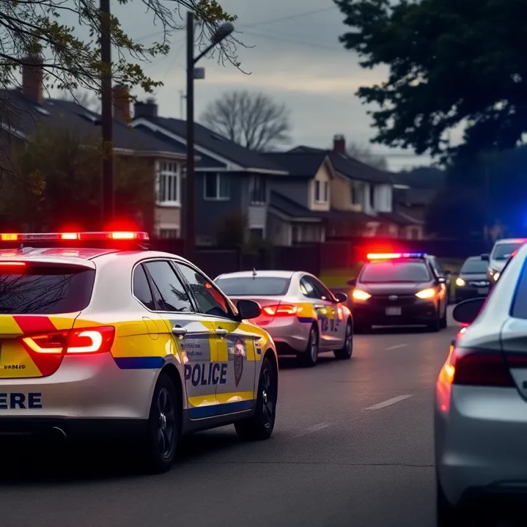Police cars parked in a residential neighborhood following a domestic violence incident.