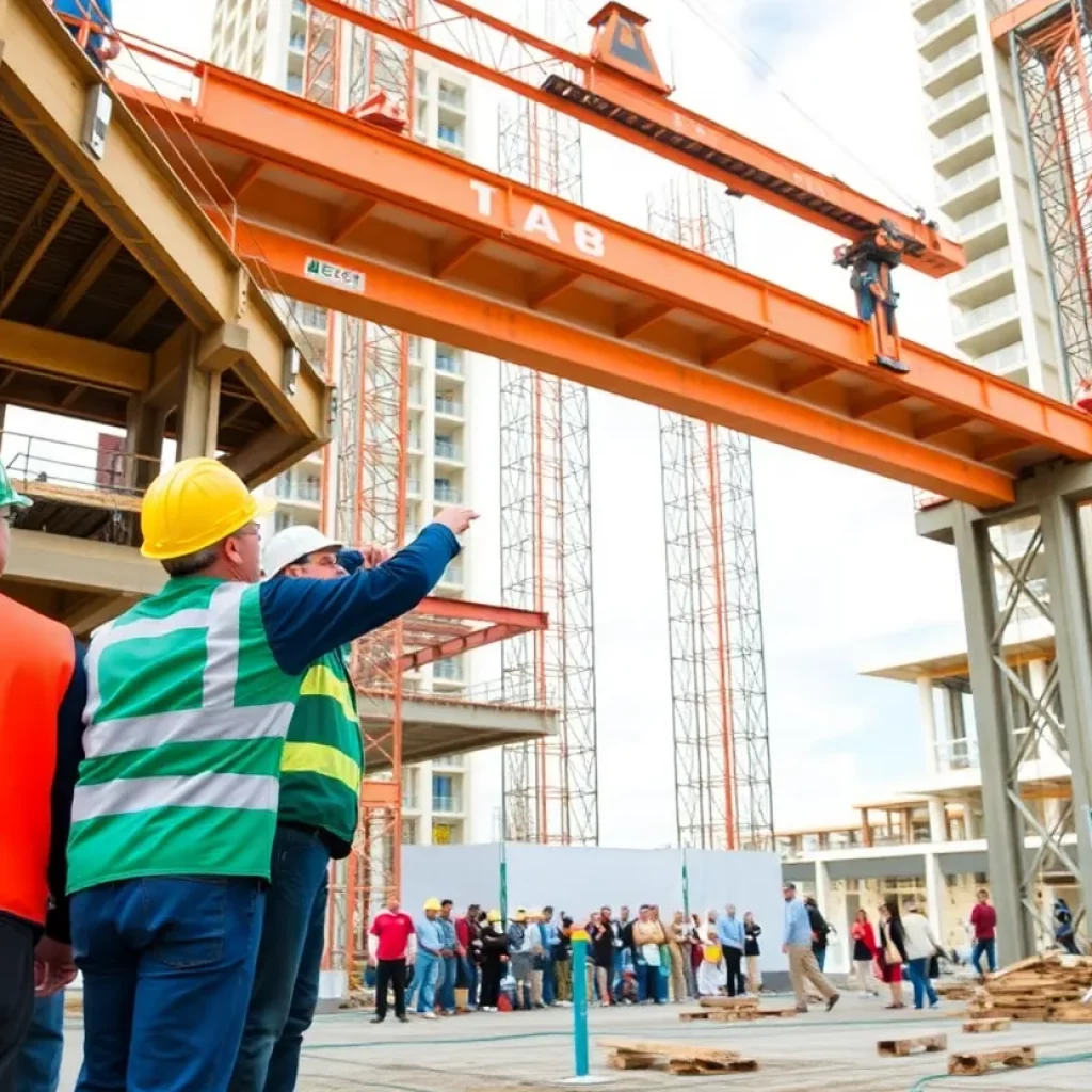 Workers at the High Street Tower beam raising ceremony in Bowling Green