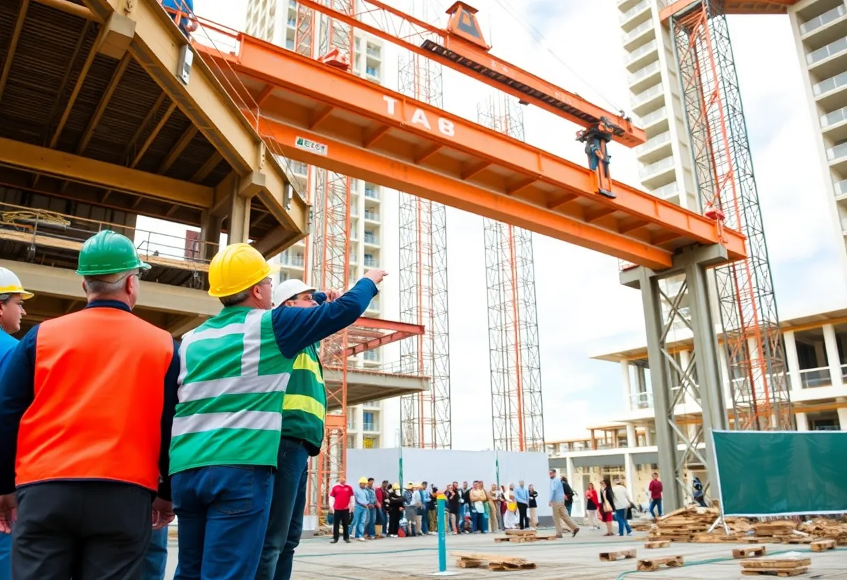 Workers at the High Street Tower beam raising ceremony in Bowling Green