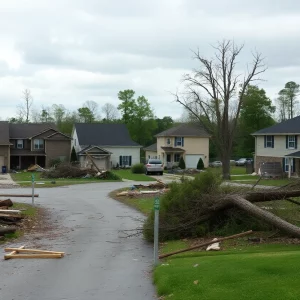 Damage from a tornado in Kentucky, debris scattered across homes and streets.