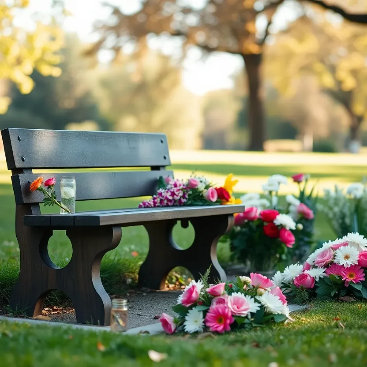A serene outdoor memorial scene with flowers and a bench.