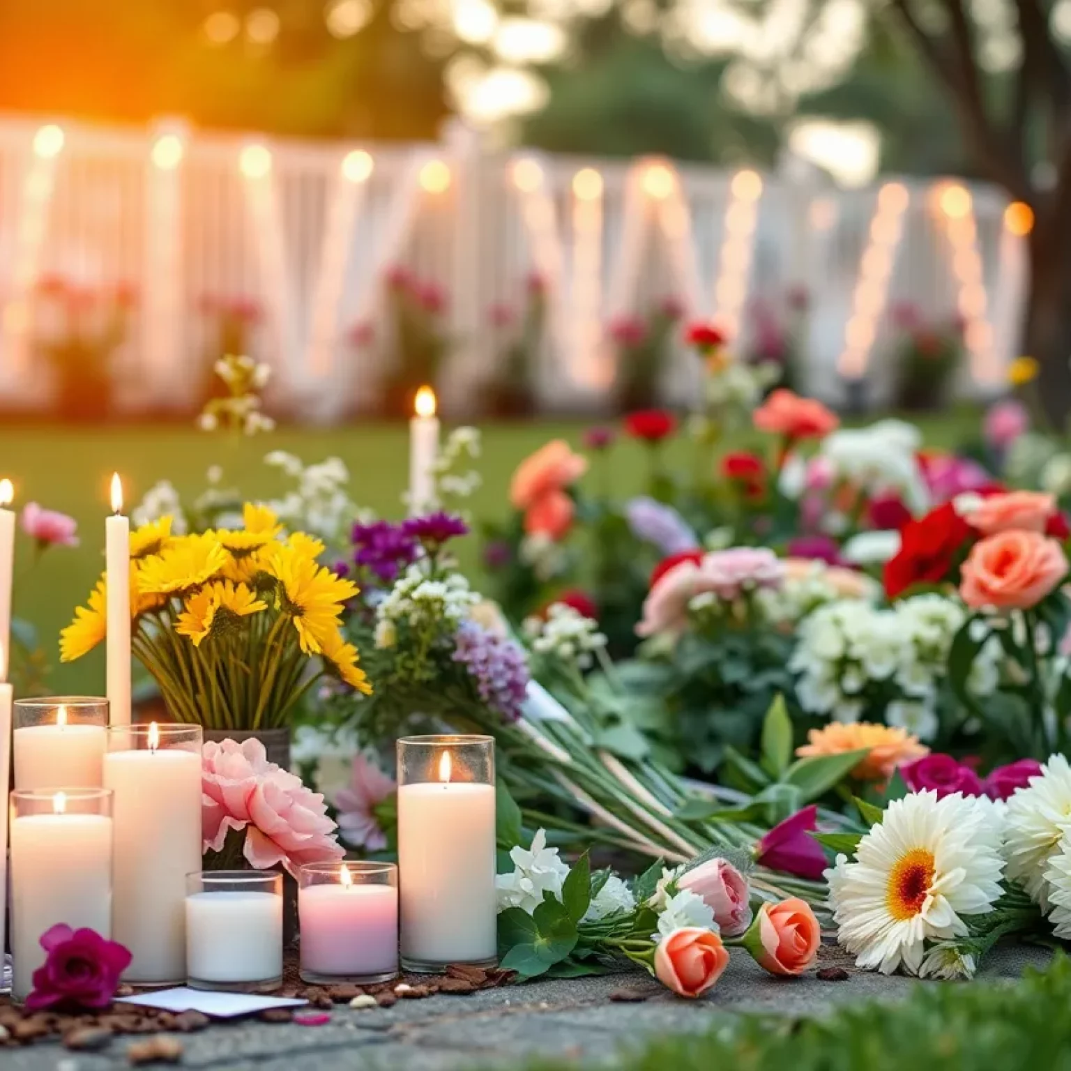 A serene garden memorial with flowers and candles