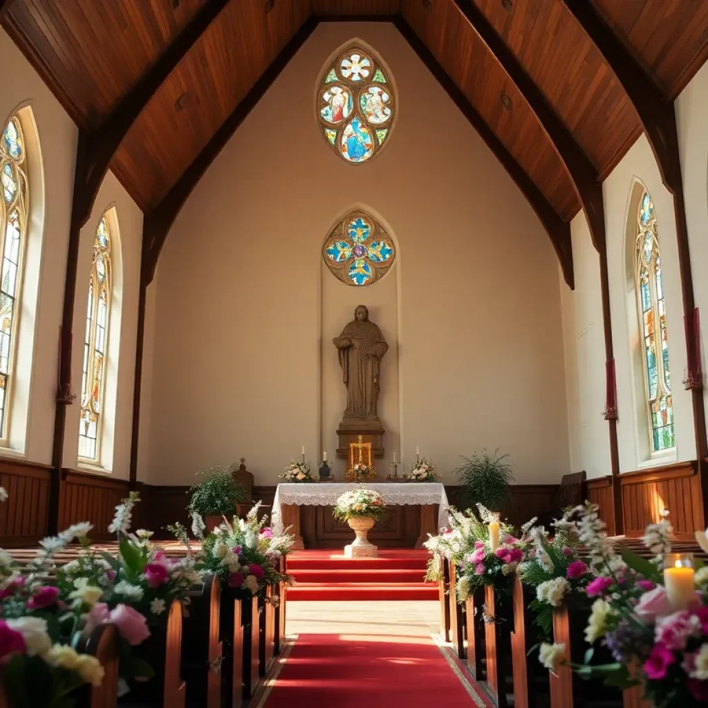 A peaceful church setting with flowers and candles for a memorial service