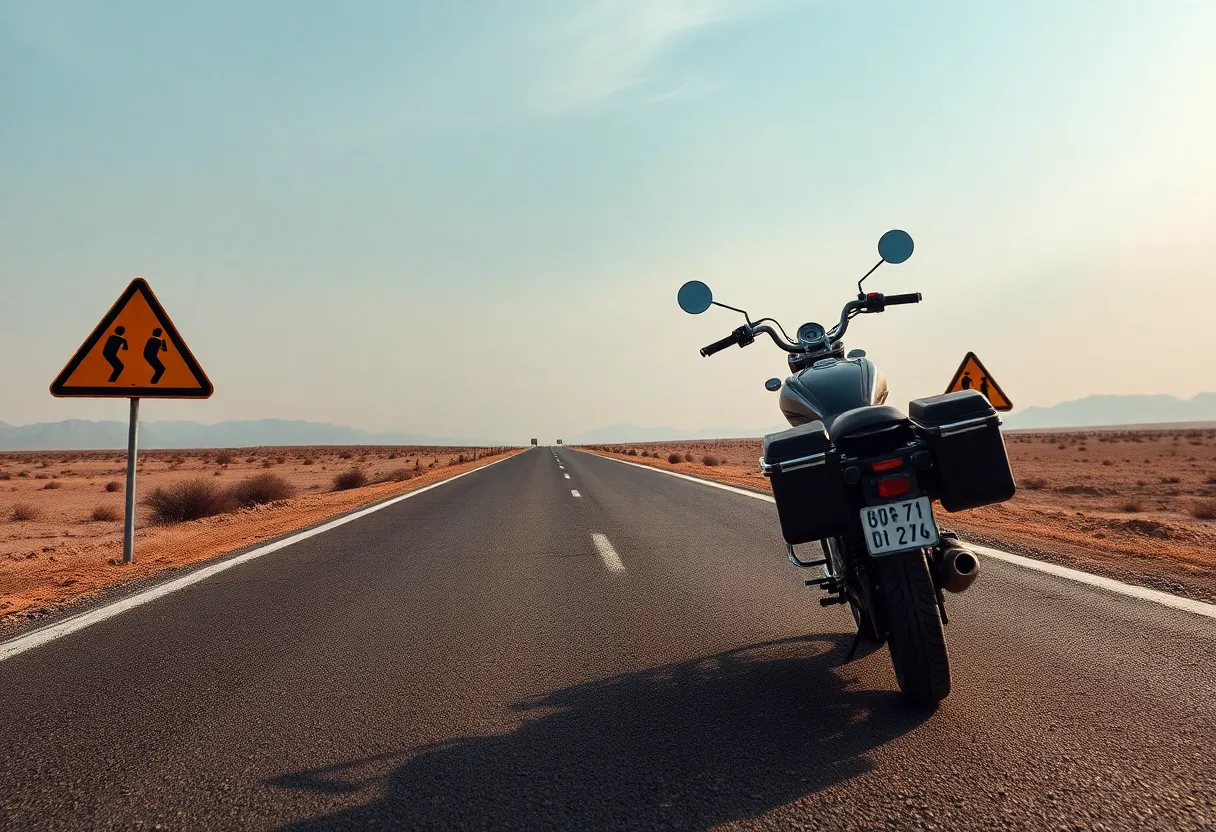 Motorcycle on a deserted road with warning signs indicating caution.
