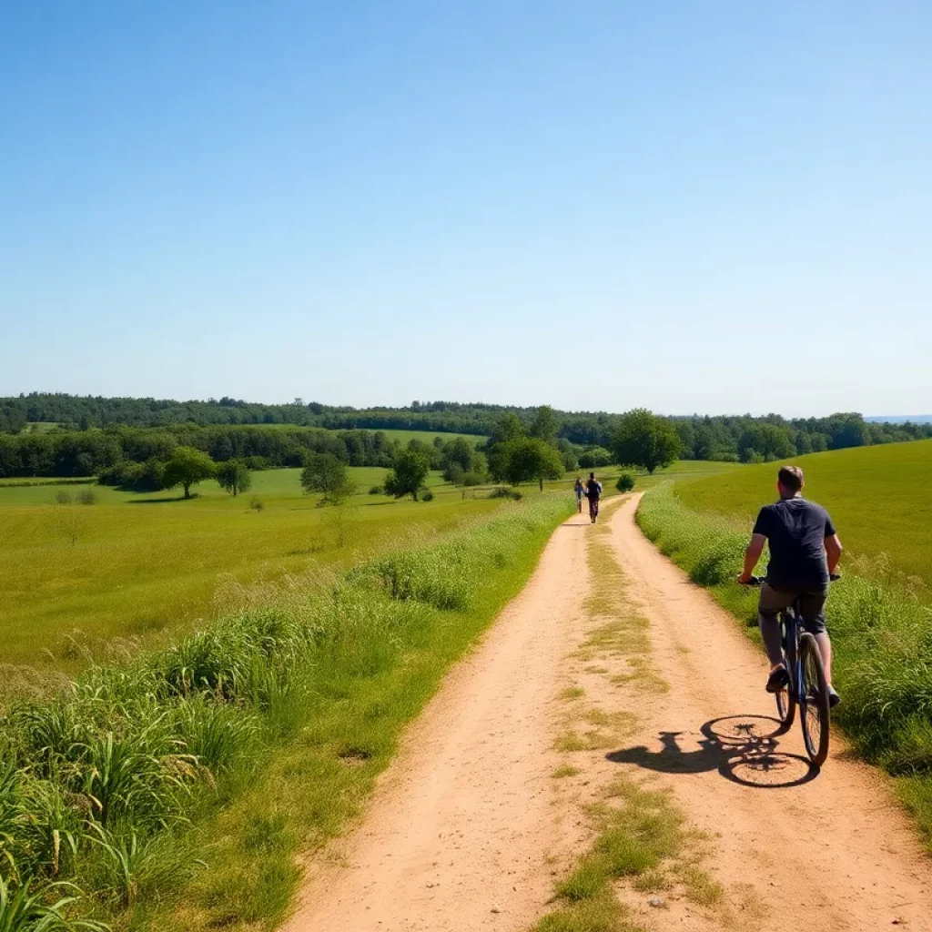 Scenic view of cyclists and pedestrians on an off-road trail