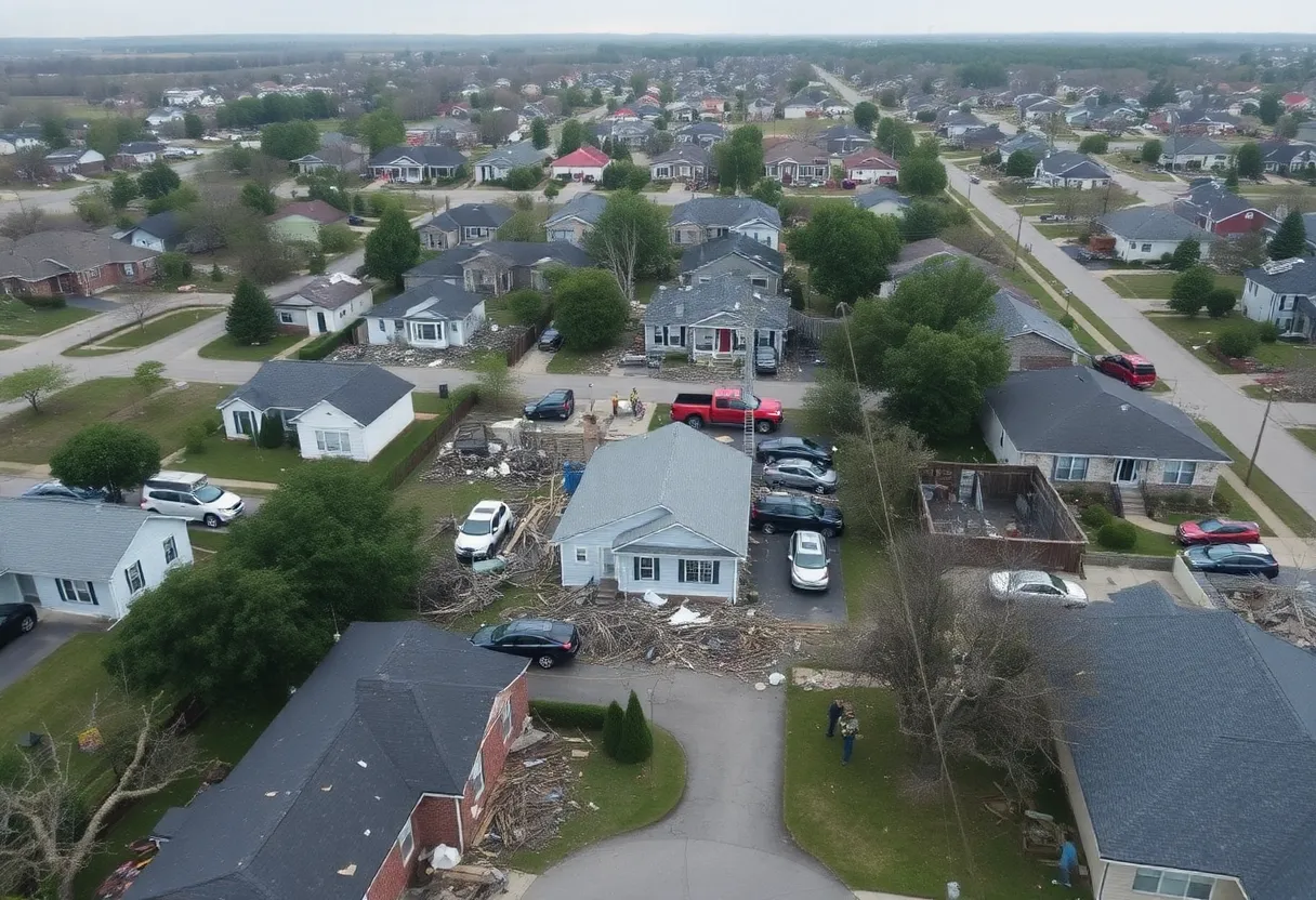 Aerial view of destroyed homes and uprooted trees after severe storms in Kentucky