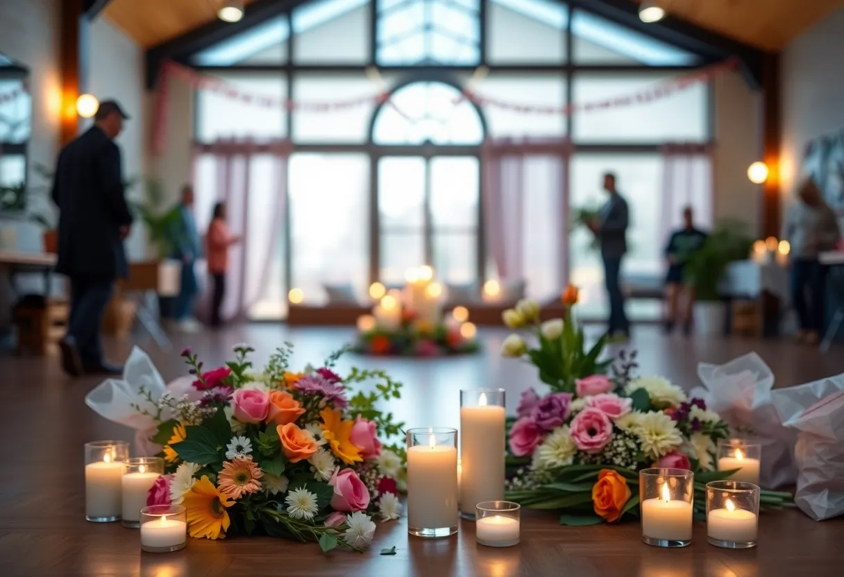 Community tribute with flowers and candles in memory of Ann Sparks.