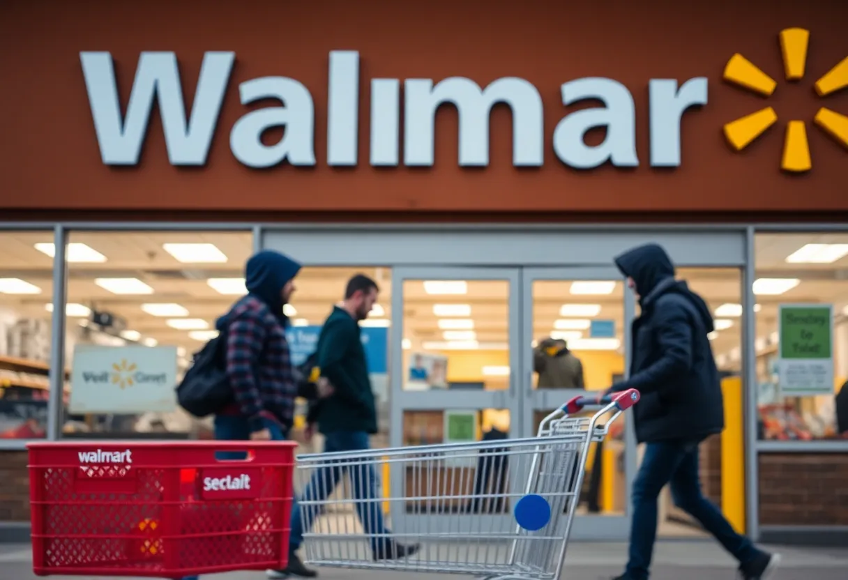 Exterior of Walmart store with visible security measures