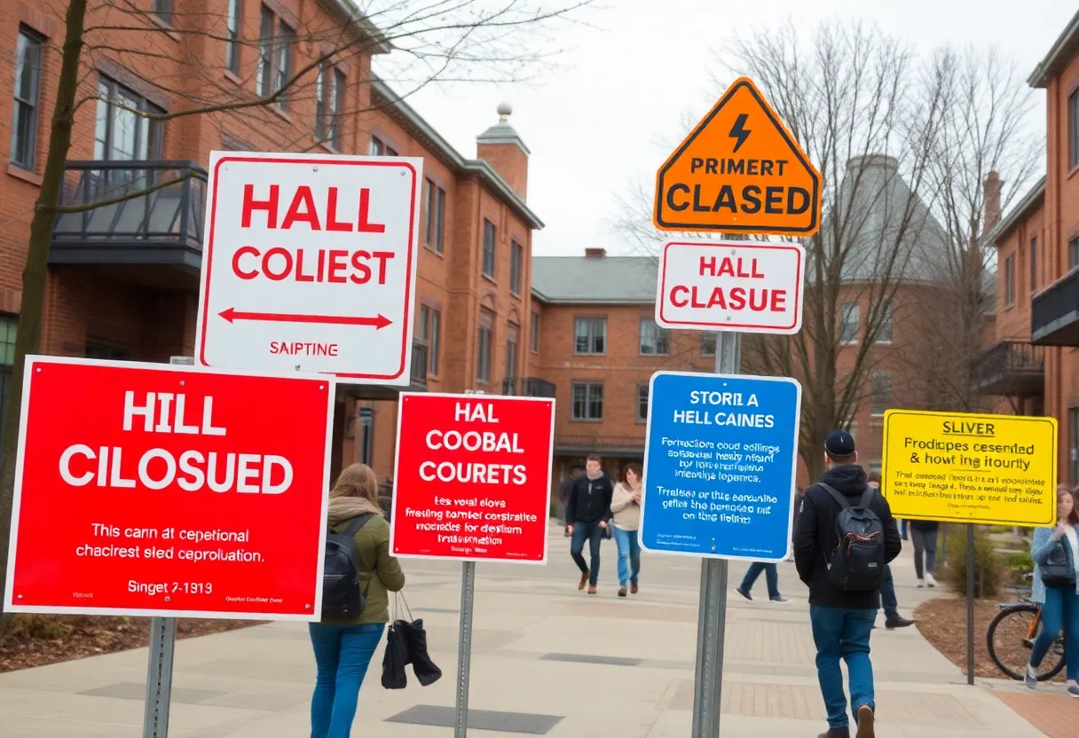 Construction signs at WKU indicating hall closures for repairs