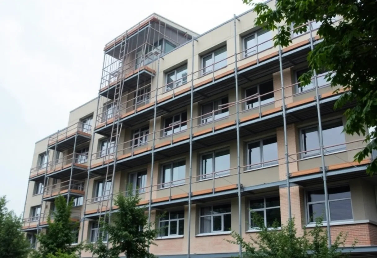 Hilltopper Hall at Western Kentucky University with demolition scaffolding