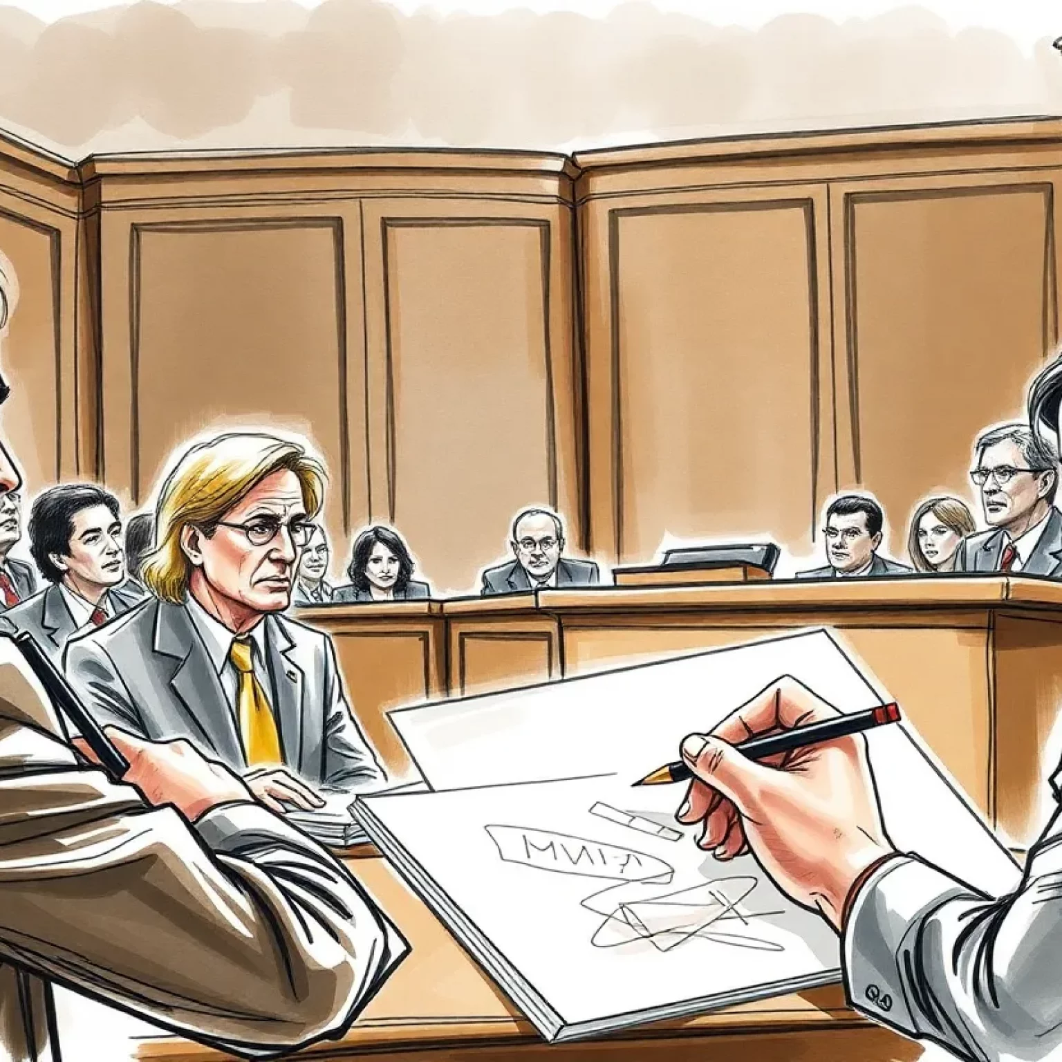 Courtroom scene with an artist sketching