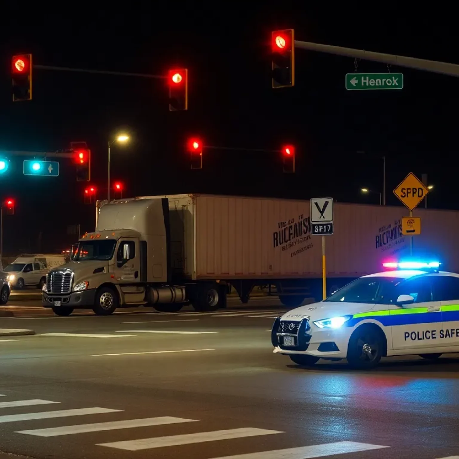 Traffic intersection at night with a police presence after an accident.