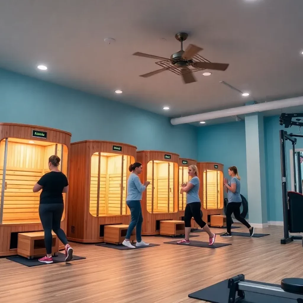 Men participating in fitness workouts in an infrared sauna studio.