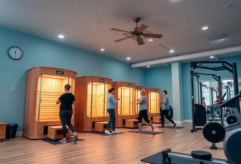 Men participating in fitness workouts in an infrared sauna studio.