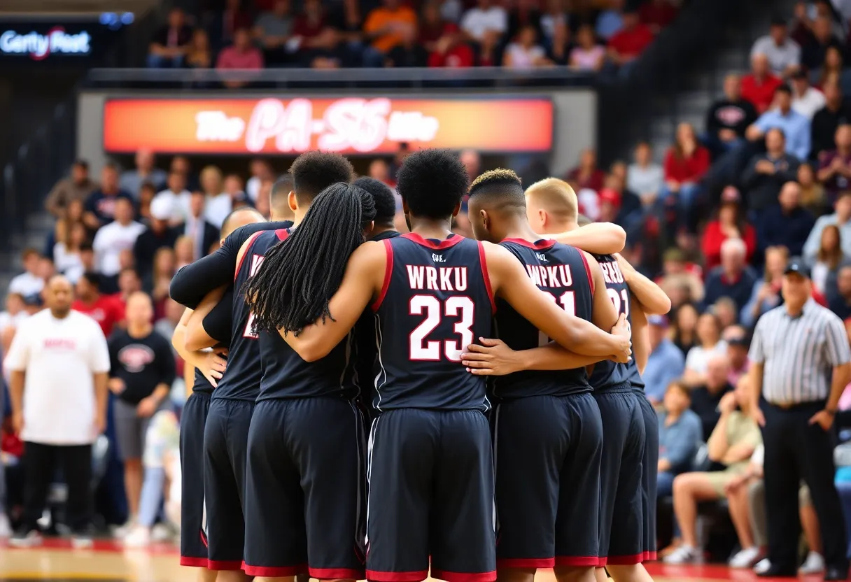 WKU basketball team huddled during a game