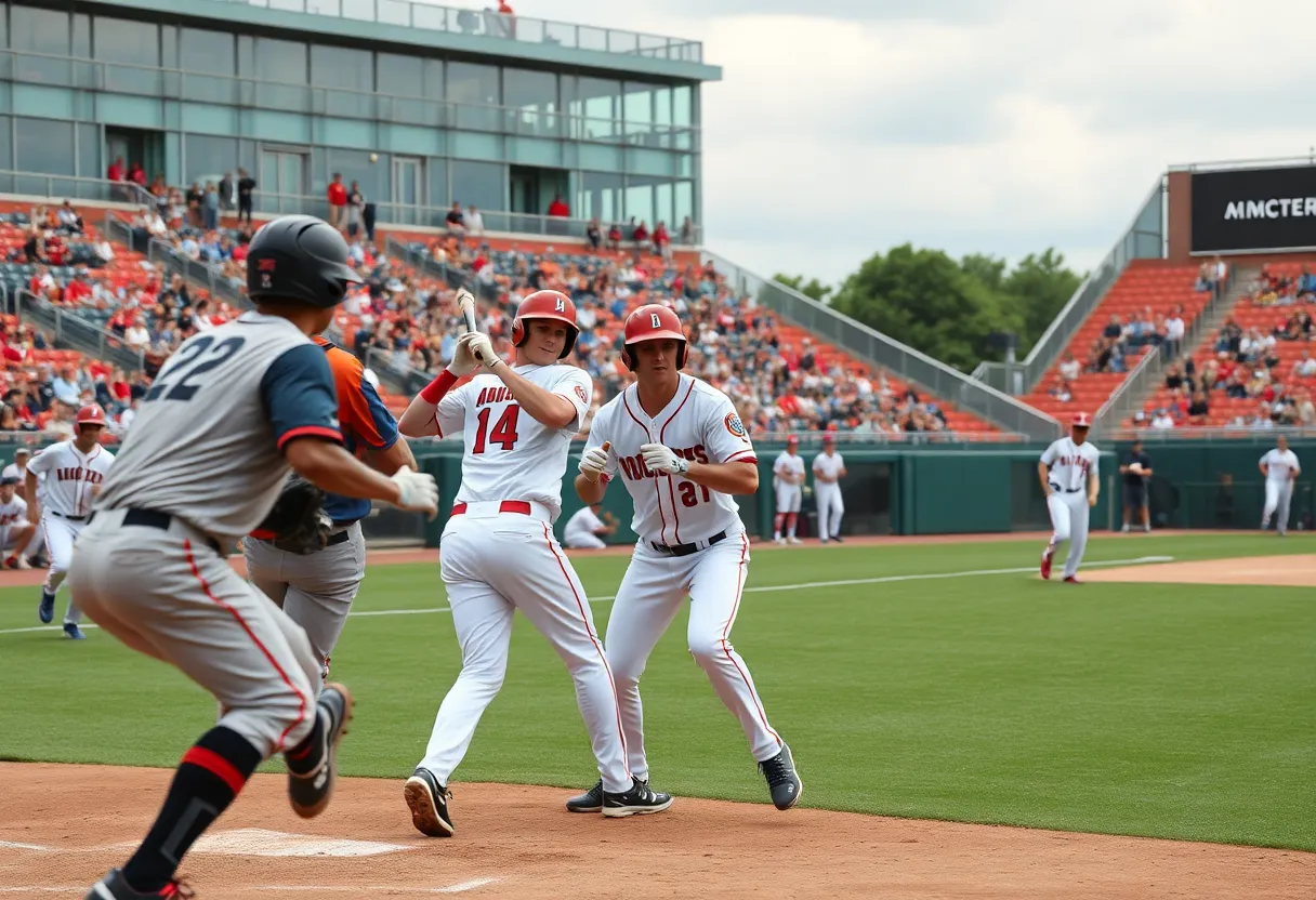 Action shot of a college baseball game featuring players in motion.