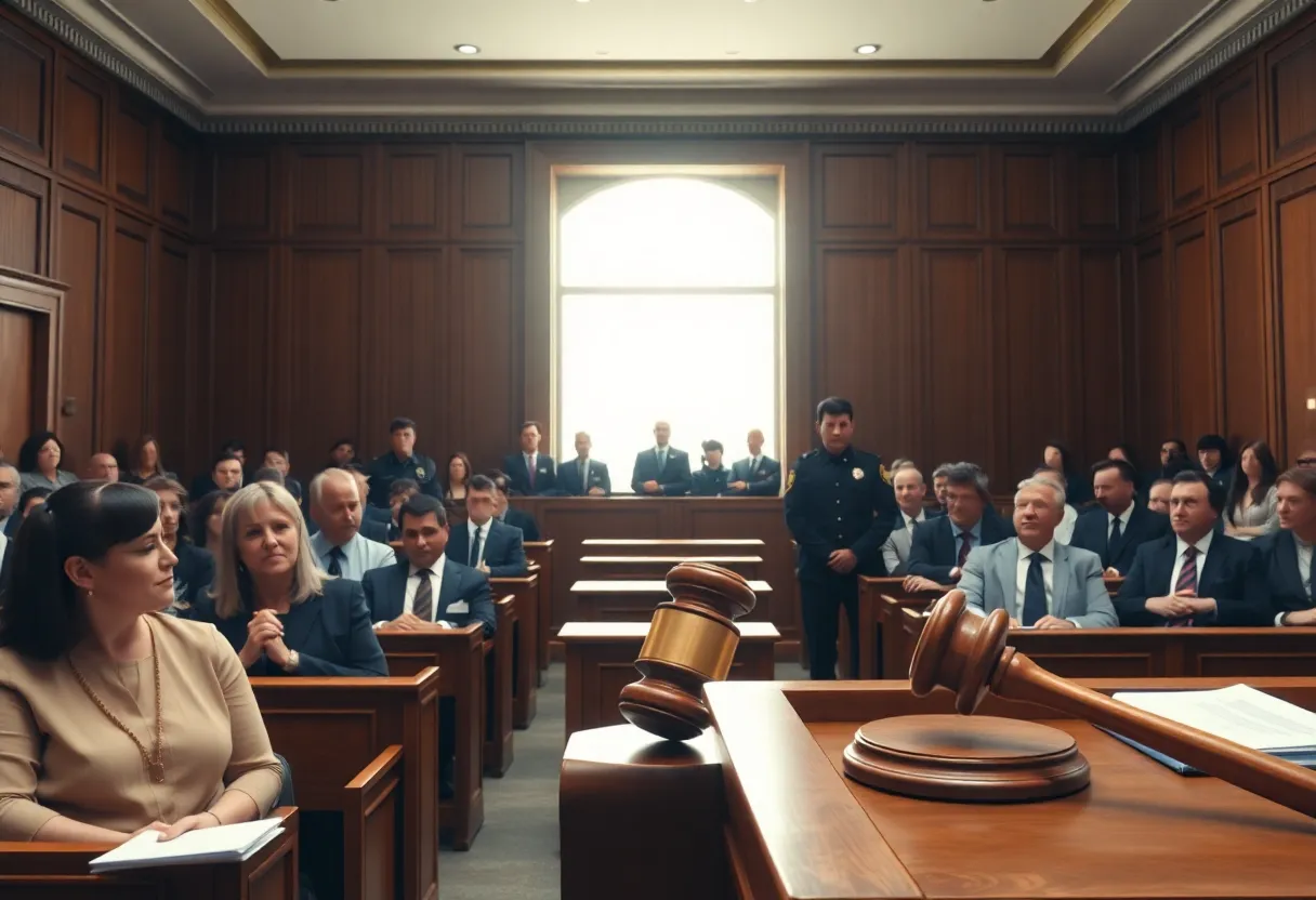 Courtroom filled with jurors and lawyers during a murder trial.