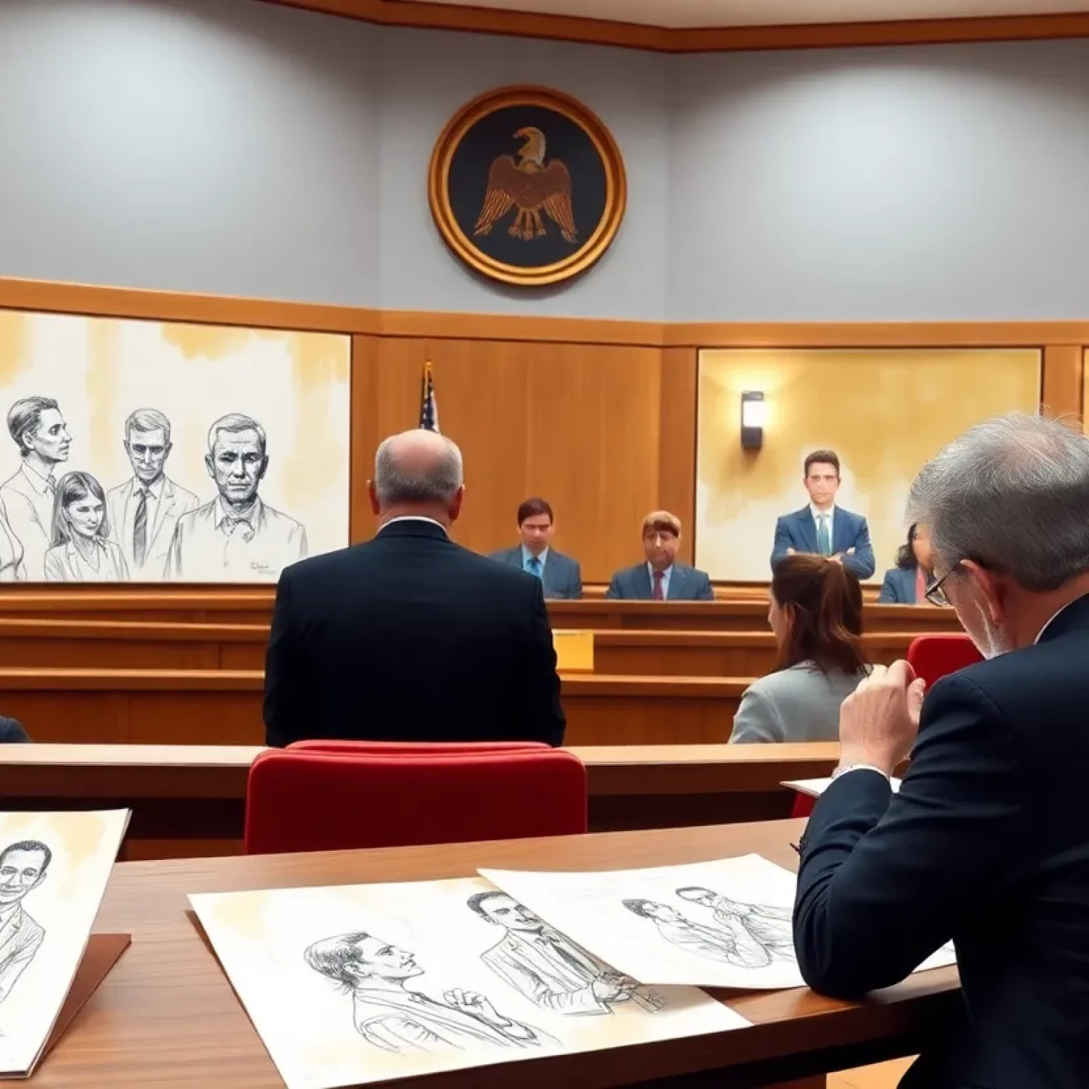 Courtroom sketches depicting witness testimonies in the Crystal Rogers trial